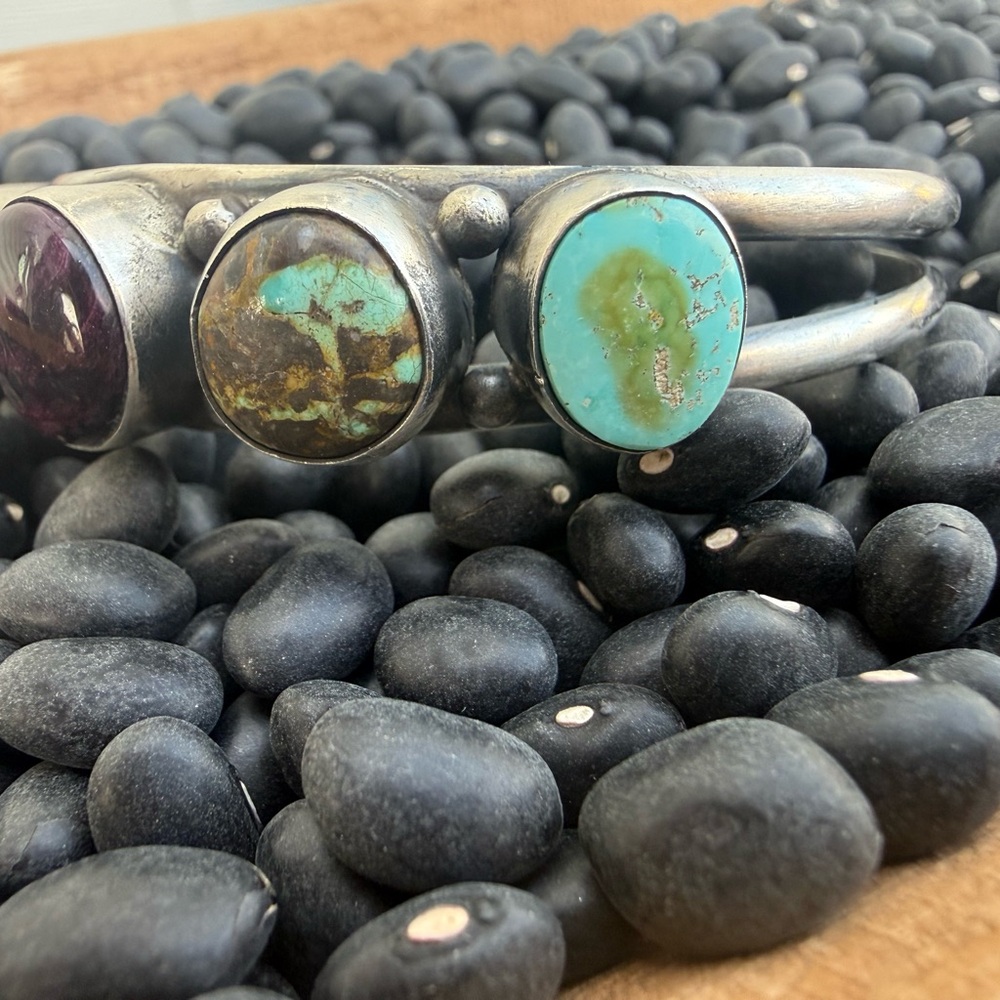 Handcrafted Multi-Stone Silver Cuff Bracelet - Tu… - image 4